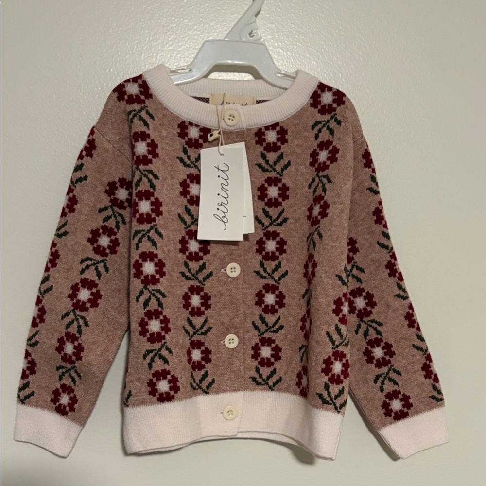 Cashmere Floral Knit  Sweater - Cream/Tan w/Burgundy